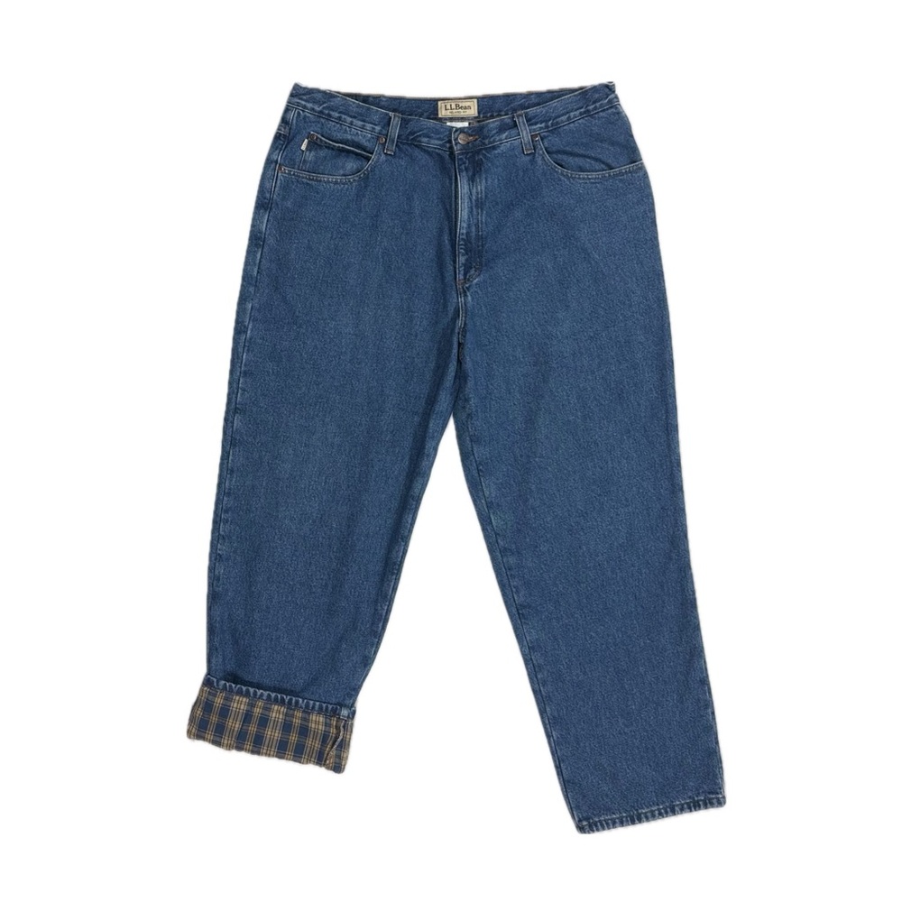 LL Bean 100% cotton yellow blue flannel lined relaxed fit blue jeans men W40 I30